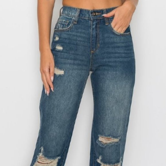 Sneak Peak Distressed Dark Denim High Waist Jeans - Picture 4 of 7